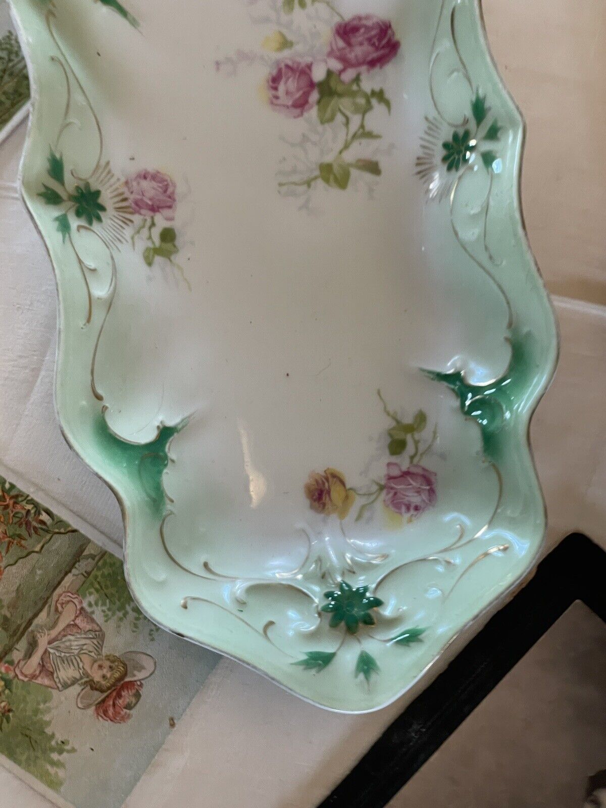 Antique Victorian Carl Tielsch Celery Dish Roses With Green Border