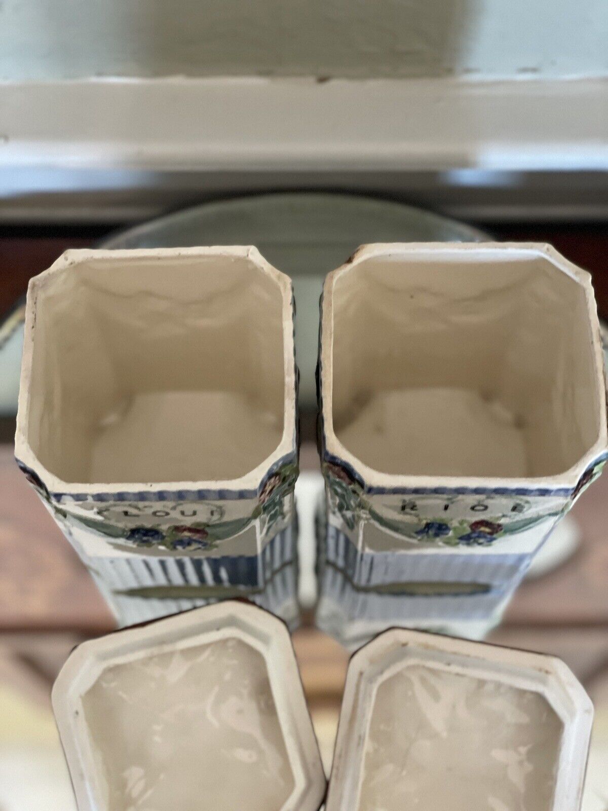 Vintage 9 Piece Canister Kitchen Set, Flour, Rice, Oil, Vinegar Set Hand Painted