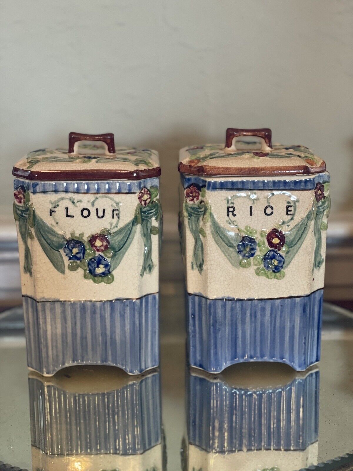 Vintage 9 Piece Canister Kitchen Set, Flour, Rice, Oil, Vinegar Set Hand Painted