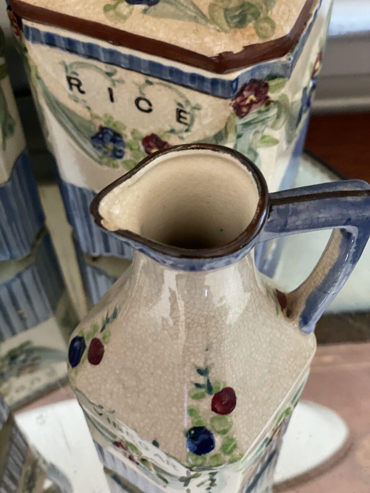 Vintage 9 Piece Canister Kitchen Set, Flour, Rice, Oil, Vinegar Set Hand Painted