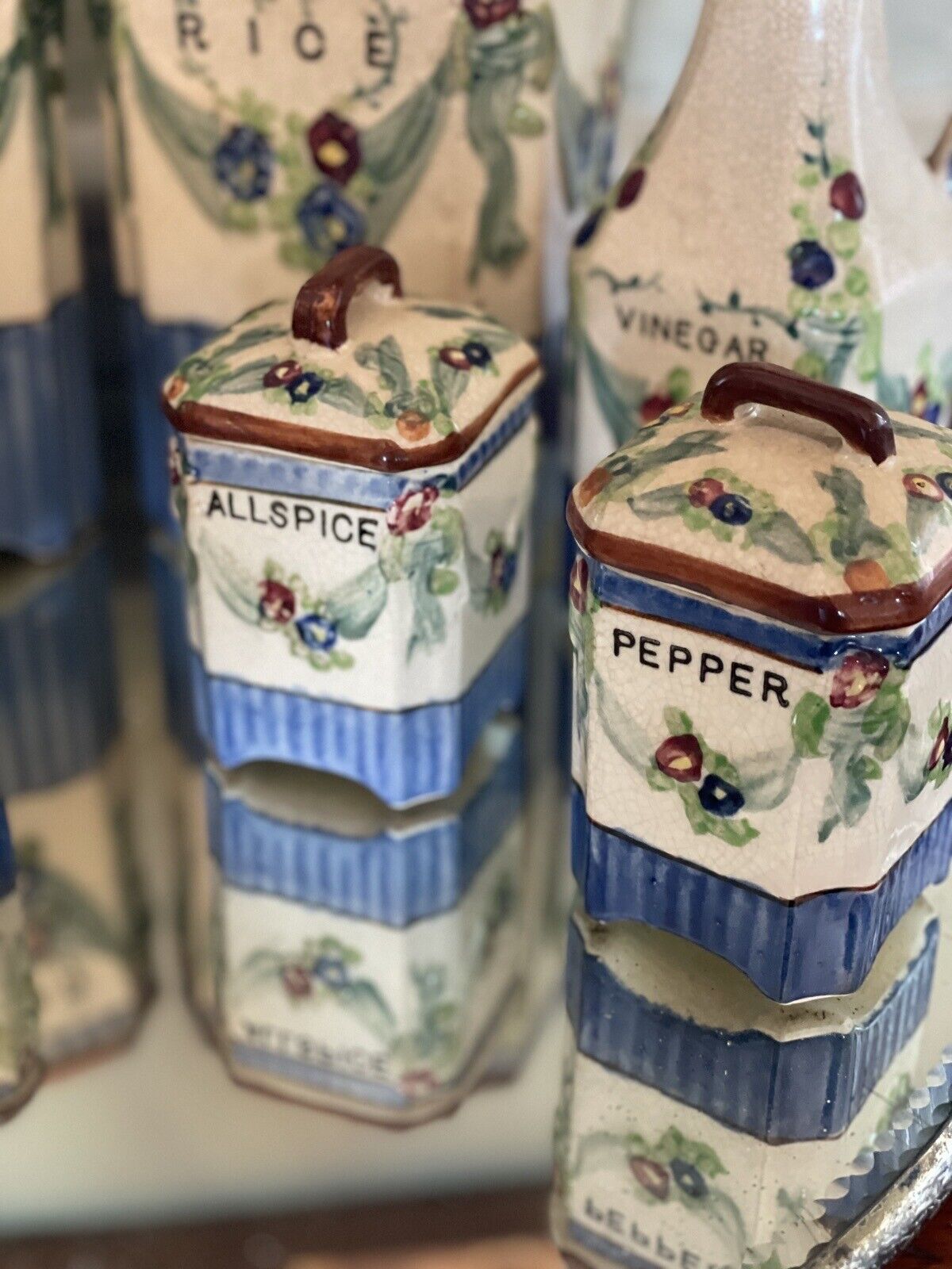 Vintage 9 Piece Canister Kitchen Set, Flour, Rice, Oil, Vinegar Set Hand Painted