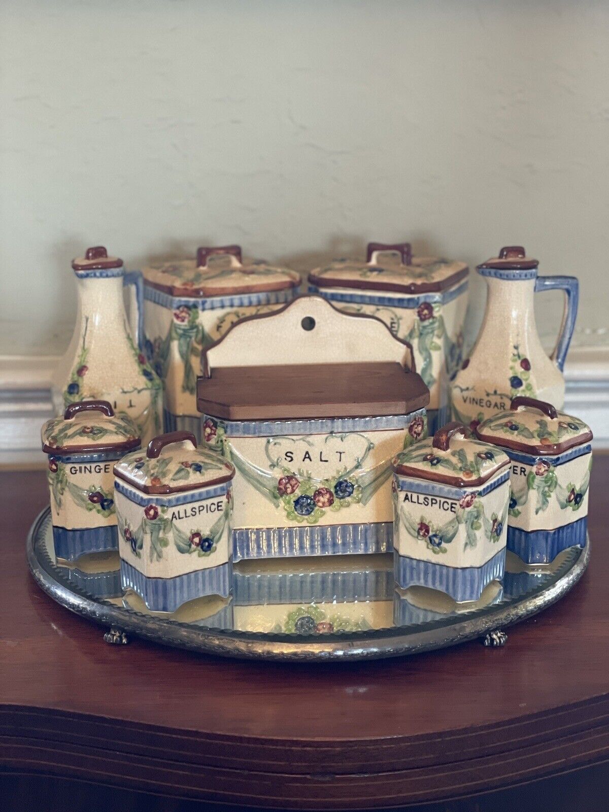 Vintage 9 Piece Canister Kitchen Set, Flour, Rice, Oil, Vinegar Set Hand Painted