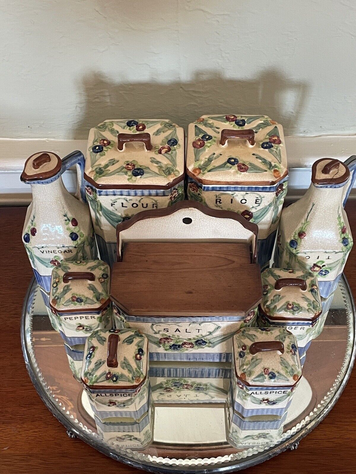Vintage 9 Piece Canister Kitchen Set, Flour, Rice, Oil, Vinegar Set Hand Painted