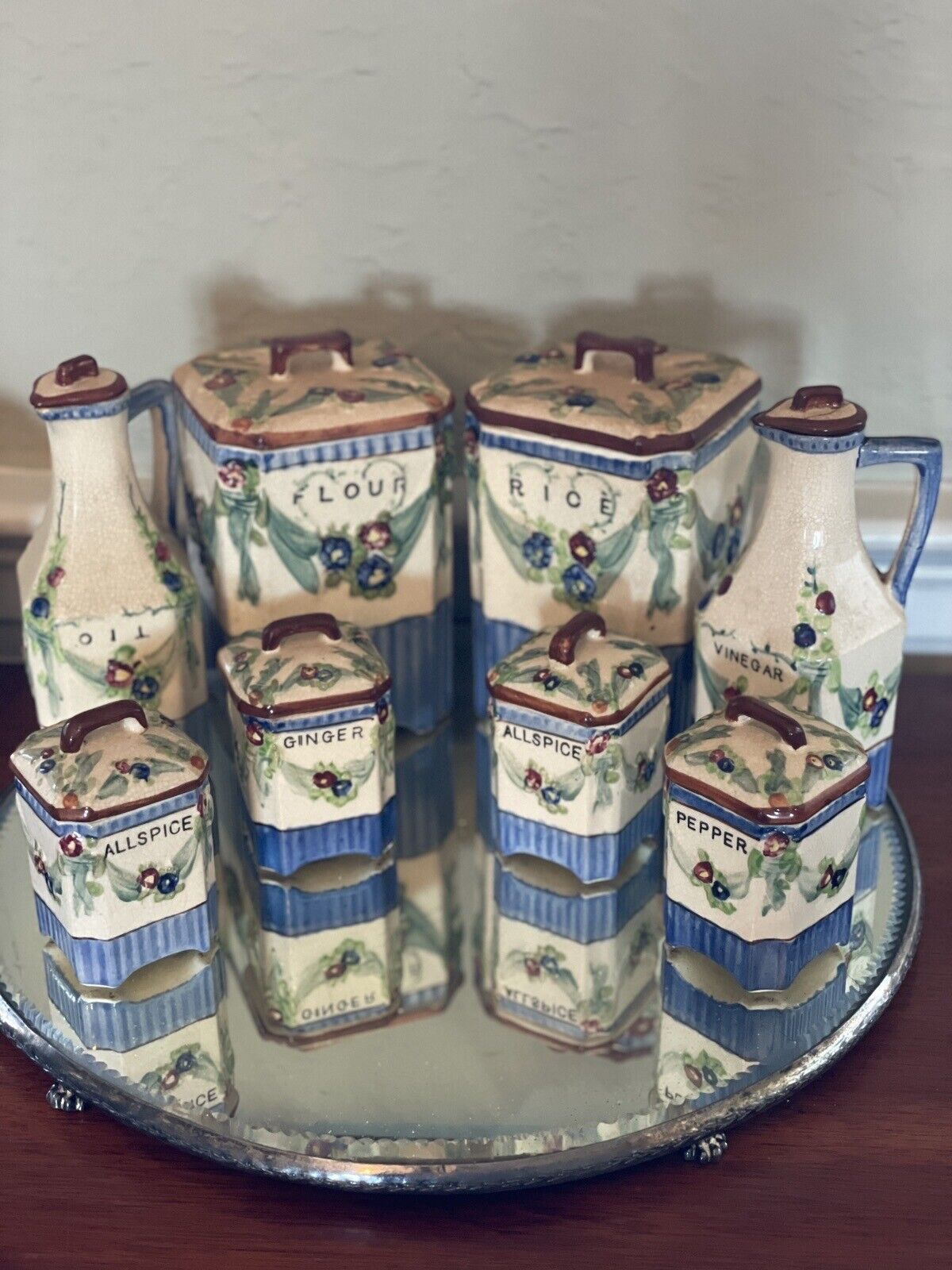 Vintage 9 Piece Canister Kitchen Set, Flour, Rice, Oil, Vinegar Set Hand Painted