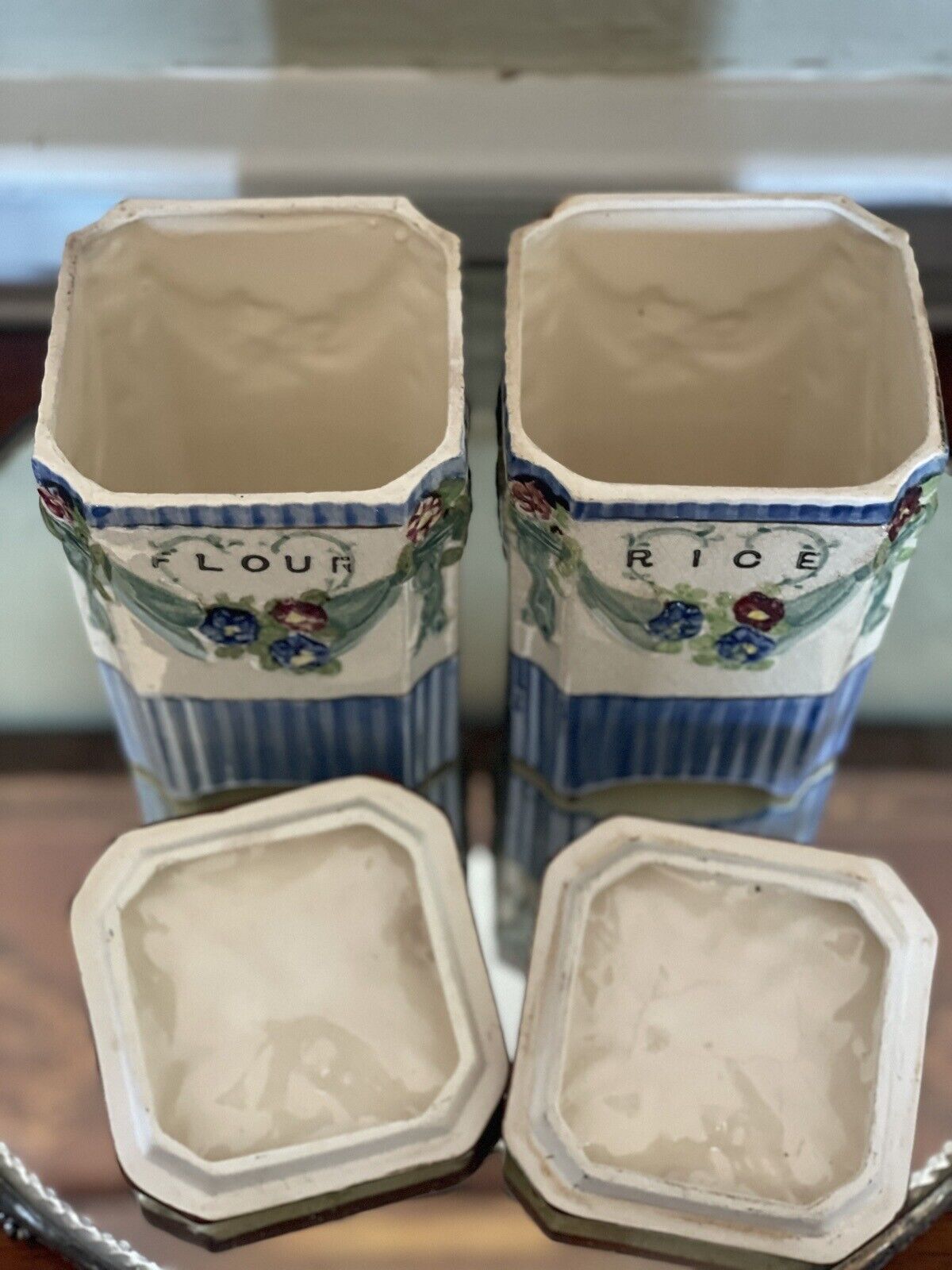 Vintage 9 Piece Canister Kitchen Set, Flour, Rice, Oil, Vinegar Set Hand Painted