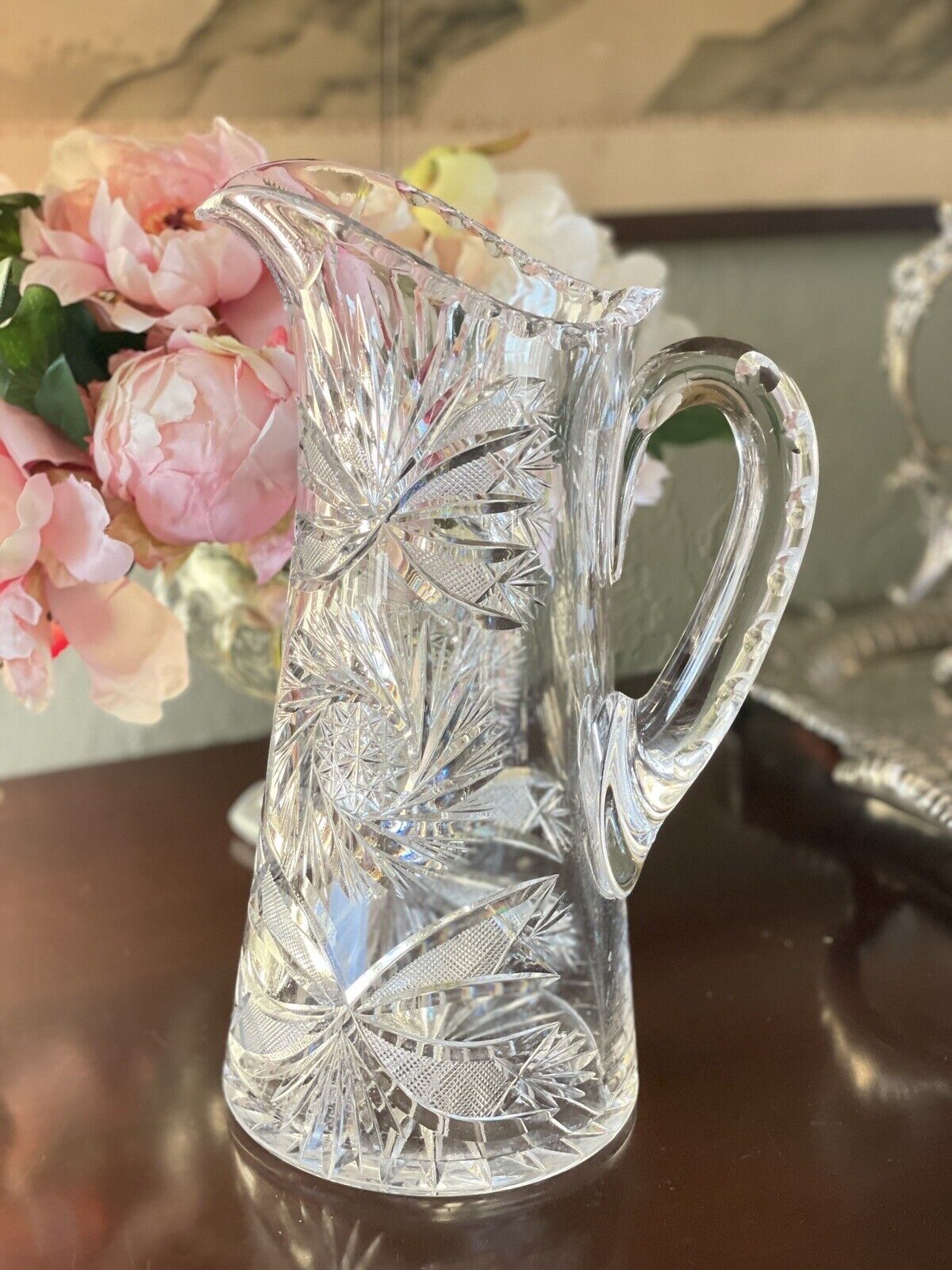 American Brilliant Cut Large Pitcher Estate Quality 11”h