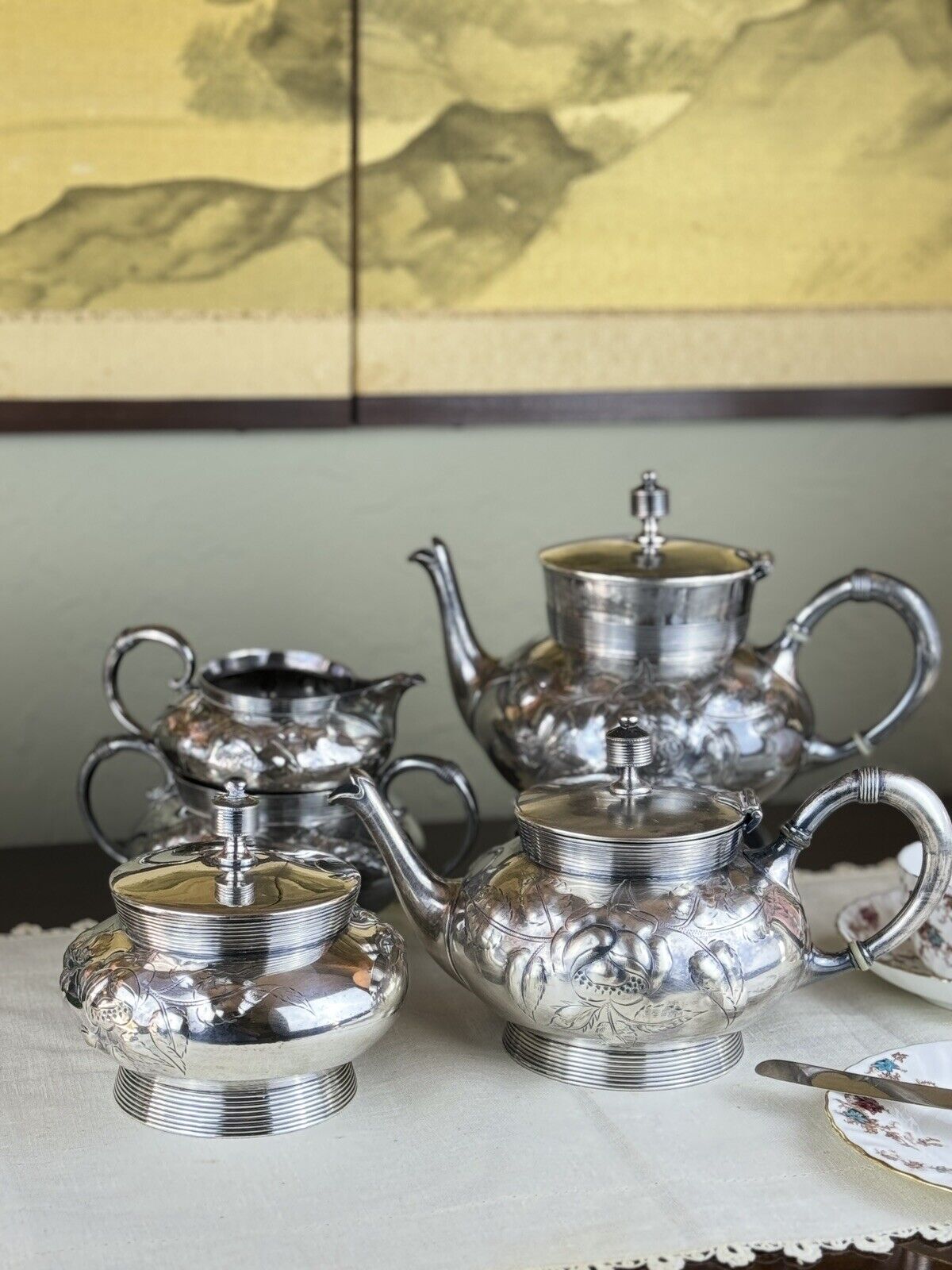 Antique Silverplate 5 Piece Tea Set Repousse Rose Pattern Shabby Chic