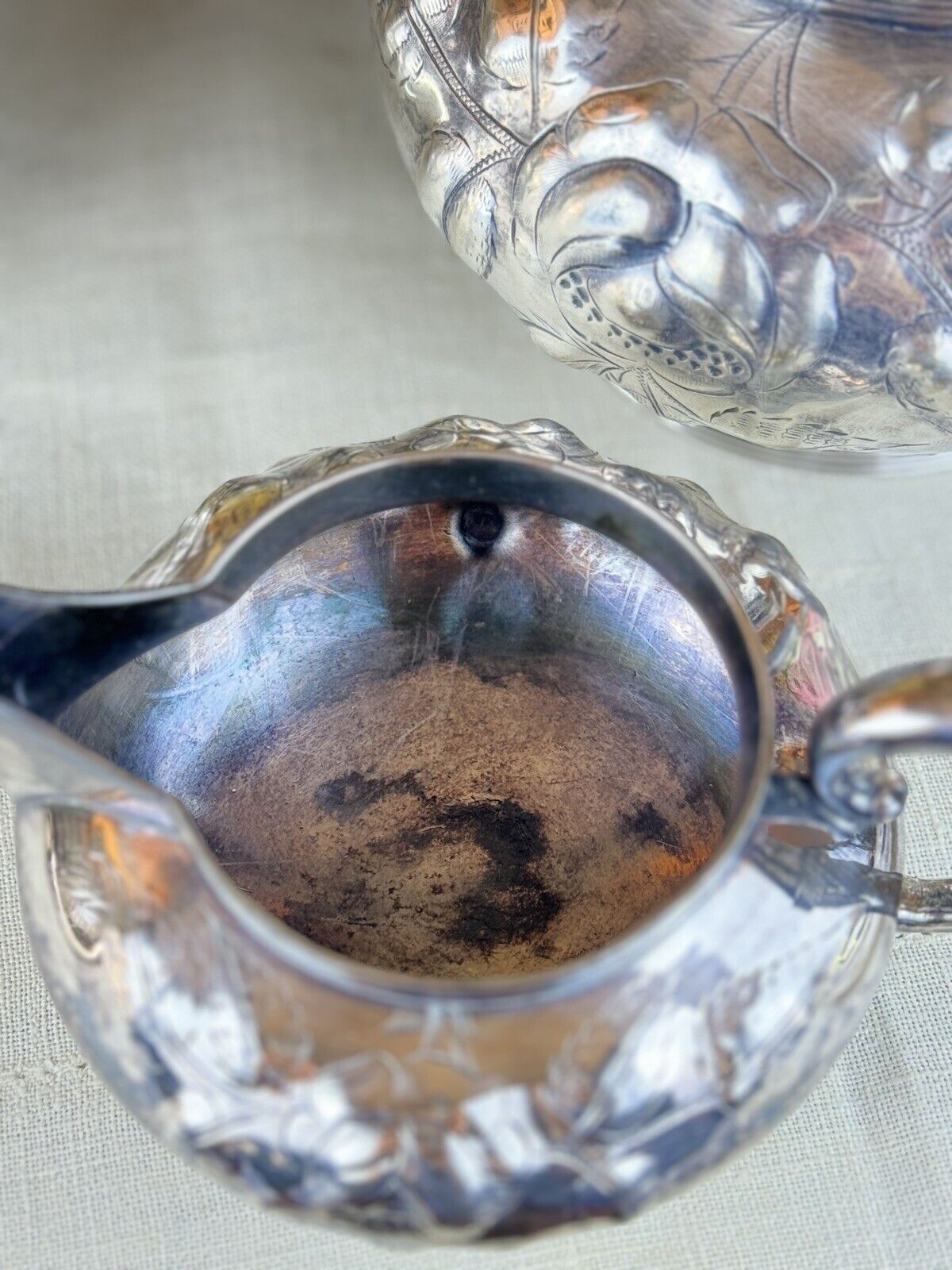 Antique Silverplate 5 Piece Tea Set Repousse Rose Pattern Shabby Chic
