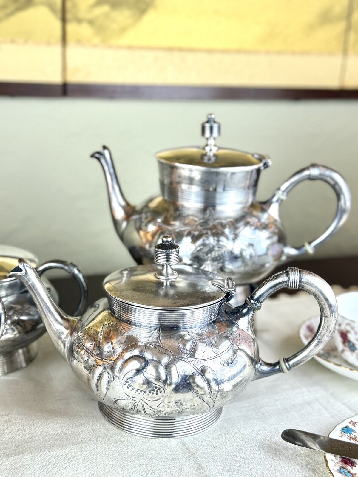 Antique Silverplate 5 Piece Tea Set Repousse Rose Pattern Shabby Chic