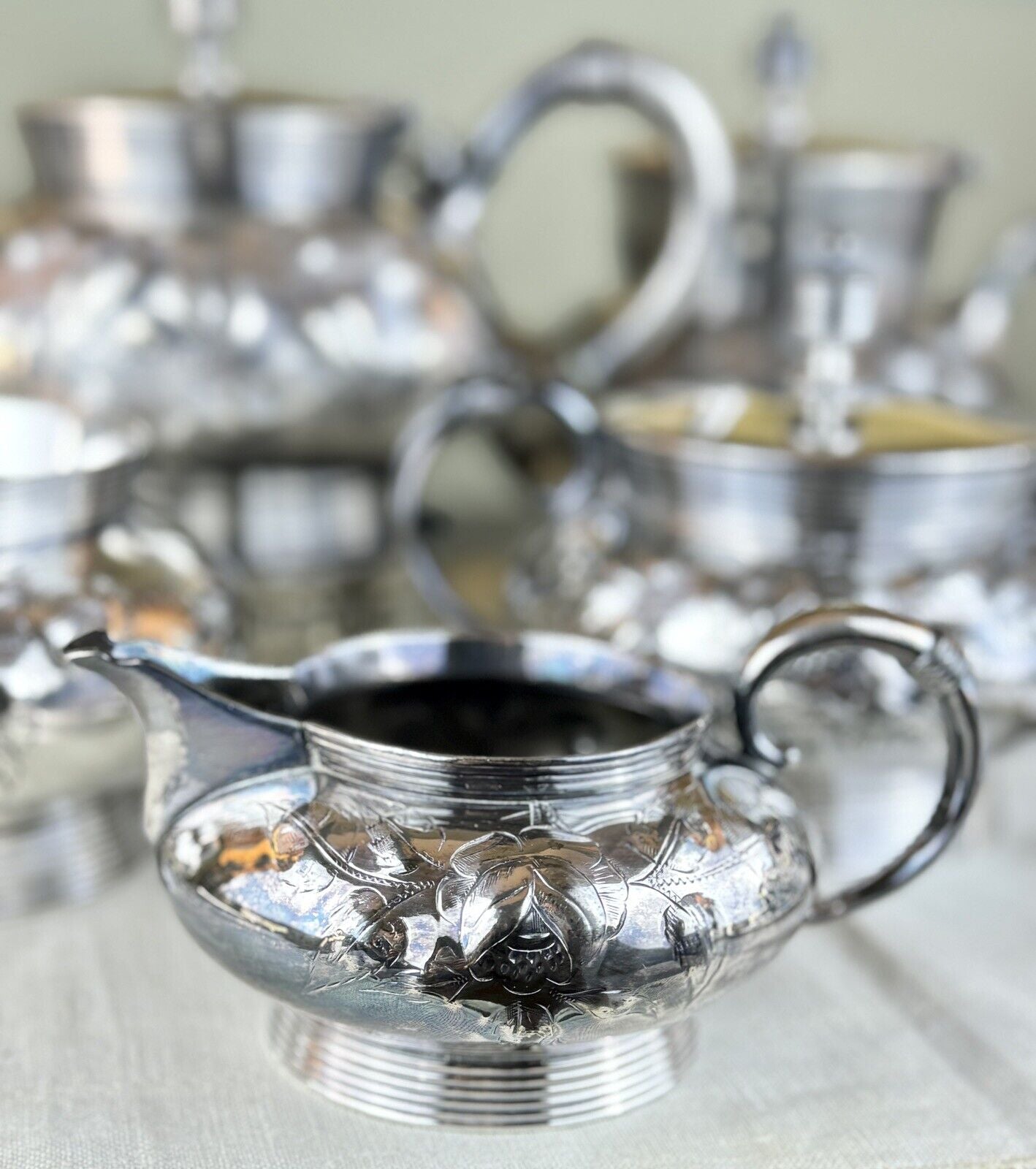 Antique Silverplate 5 Piece Tea Set Repousse Rose Pattern Shabby Chic