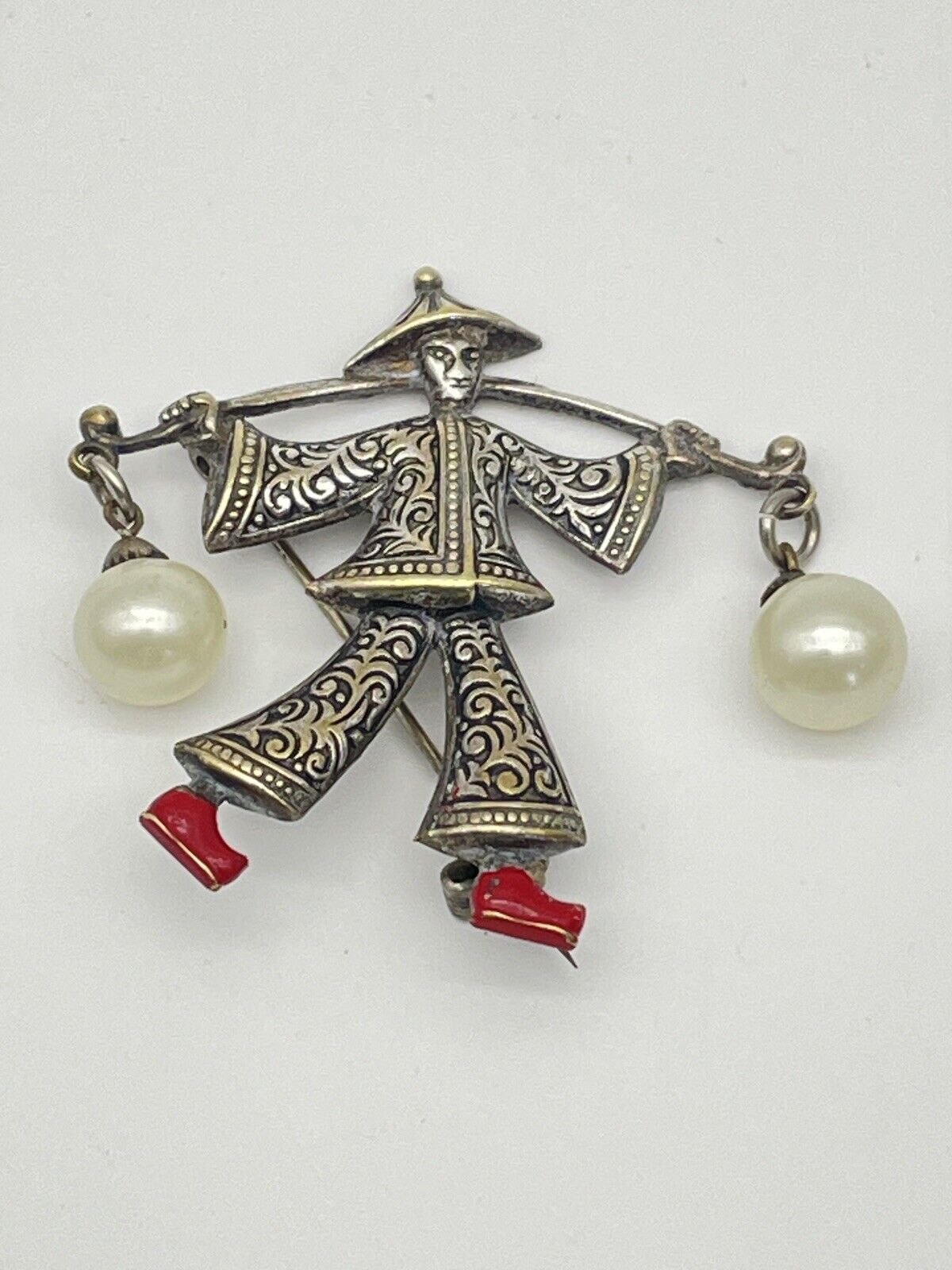 Vintage Damascene Asian Theme Brooch/Pin SIGNED Spain