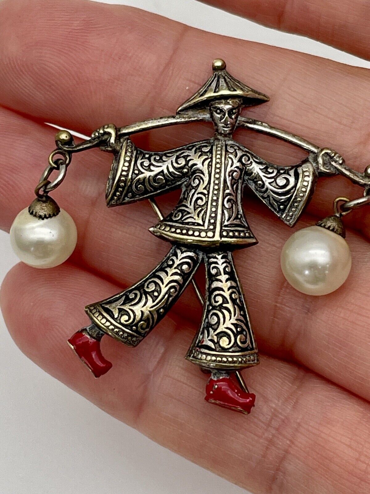 Vintage Damascene Asian Theme Brooch/Pin SIGNED Spain