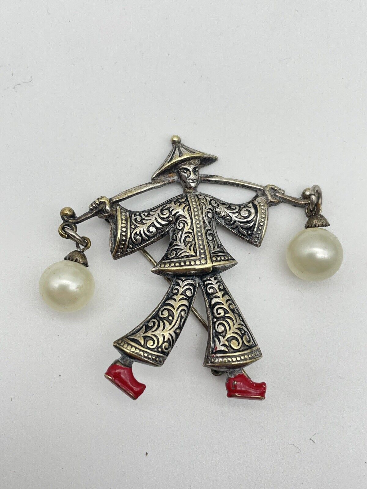 Vintage Damascene Asian Theme Brooch/Pin SIGNED Spain