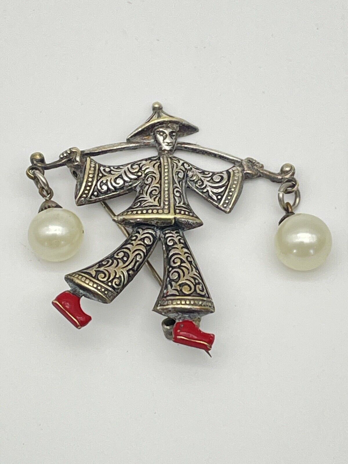 Vintage Damascene Asian Theme Brooch/Pin SIGNED Spain