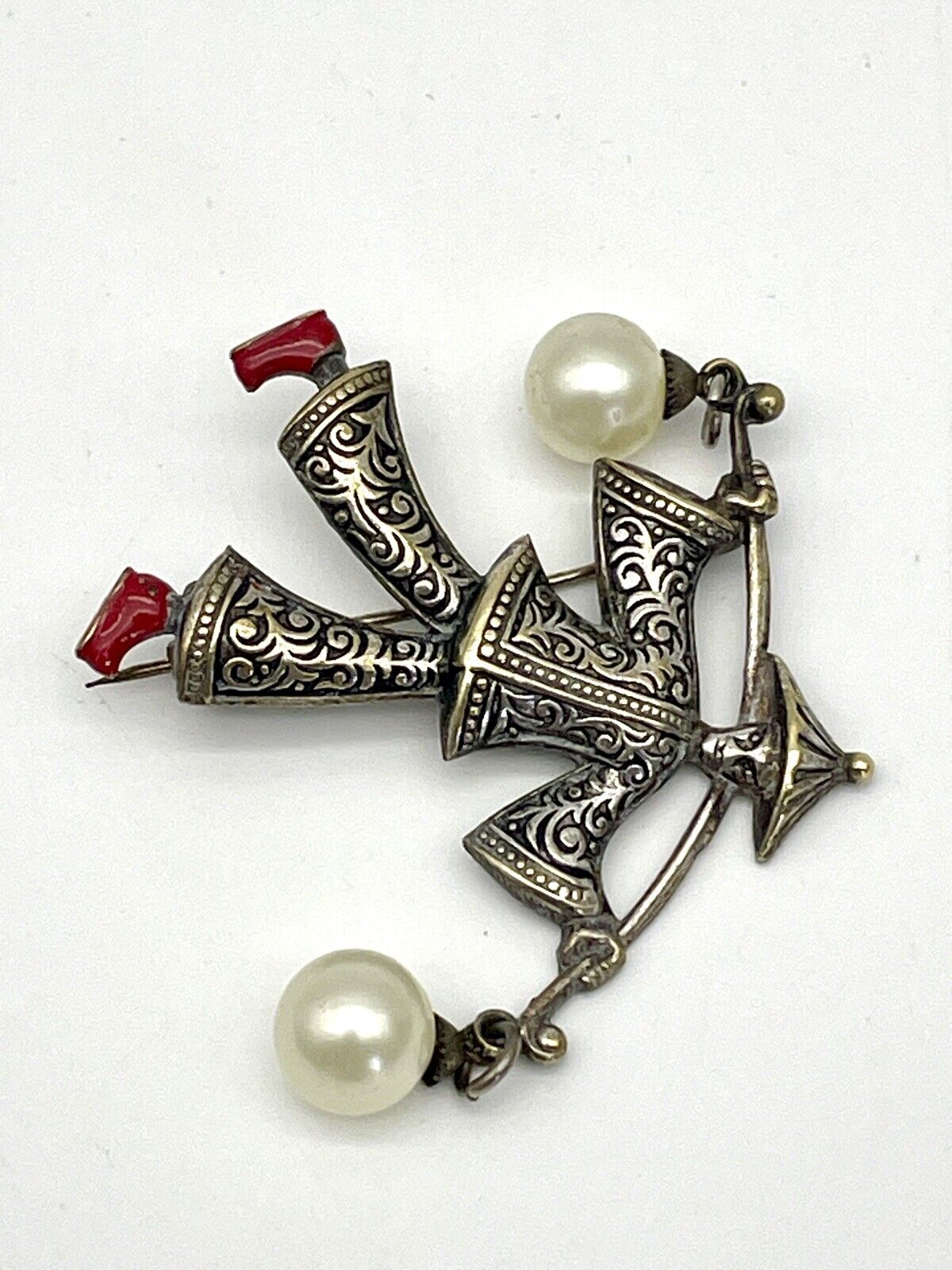 Vintage Damascene Asian Theme Brooch/Pin SIGNED Spain