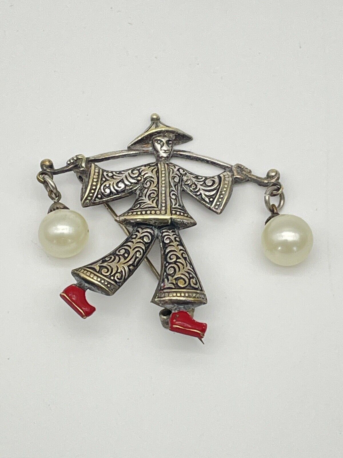 Vintage Damascene Asian Theme Brooch/Pin SIGNED Spain