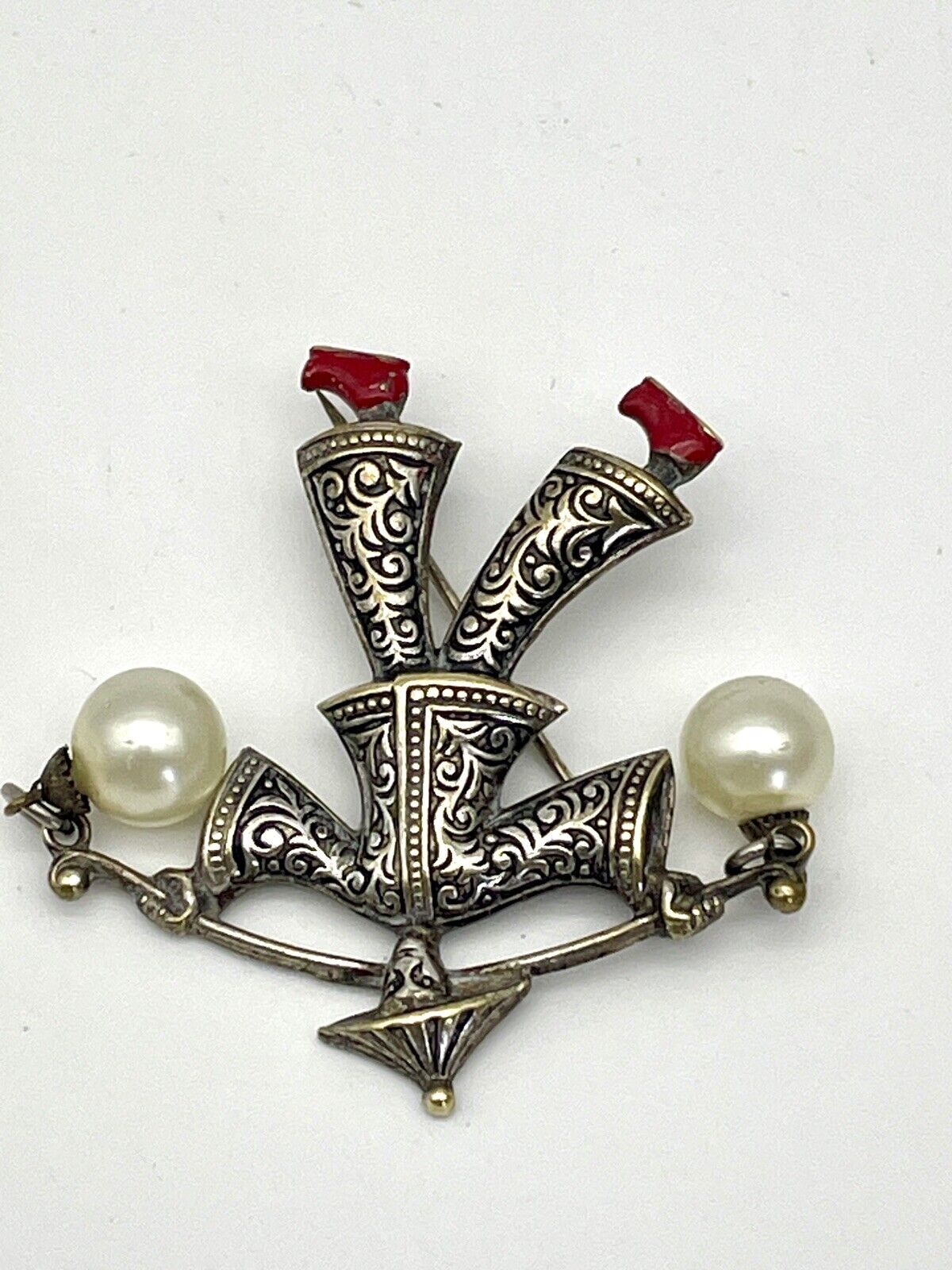 Vintage Damascene Asian Theme Brooch/Pin SIGNED Spain