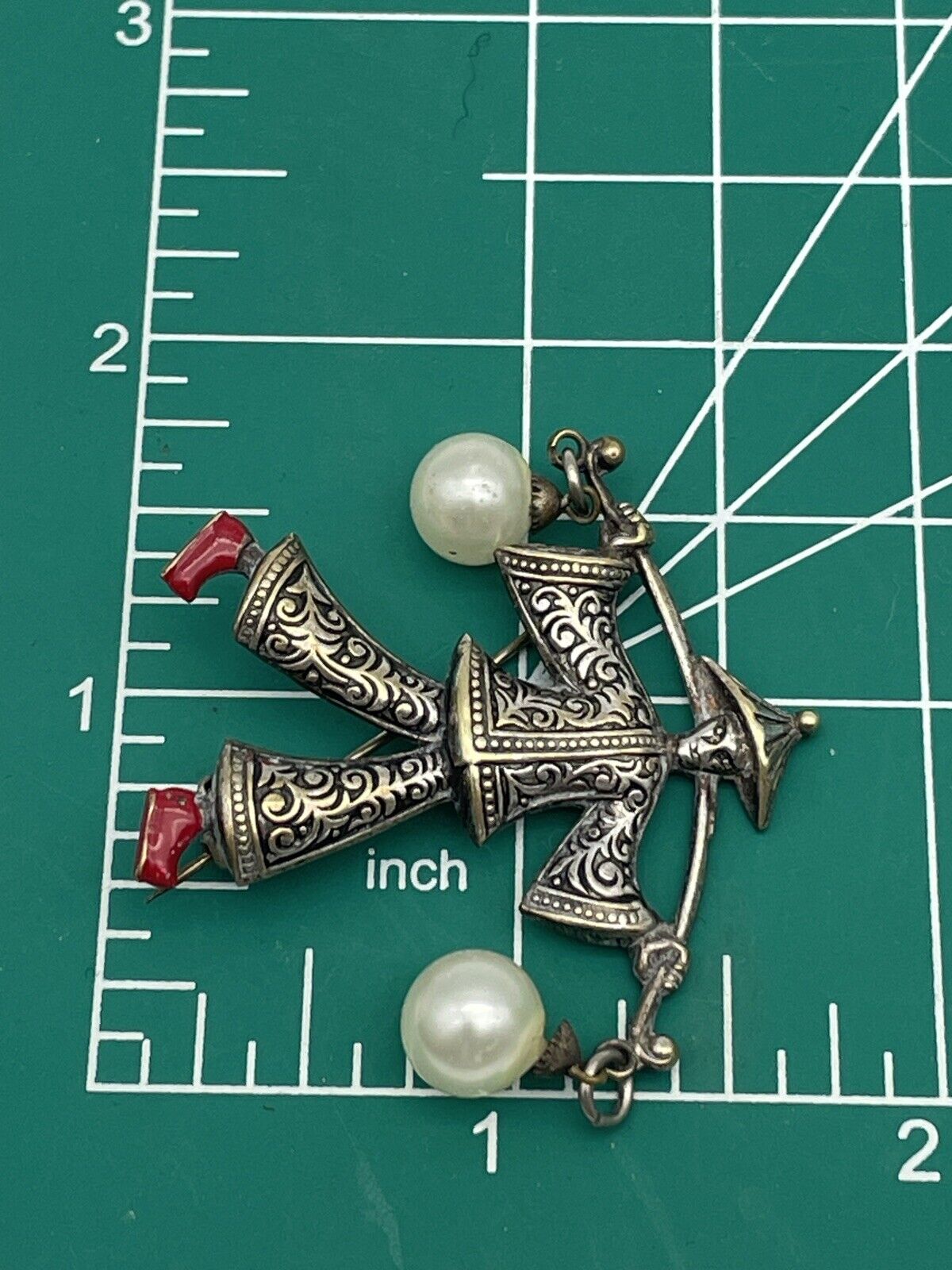 Vintage Damascene Asian Theme Brooch/Pin SIGNED Spain