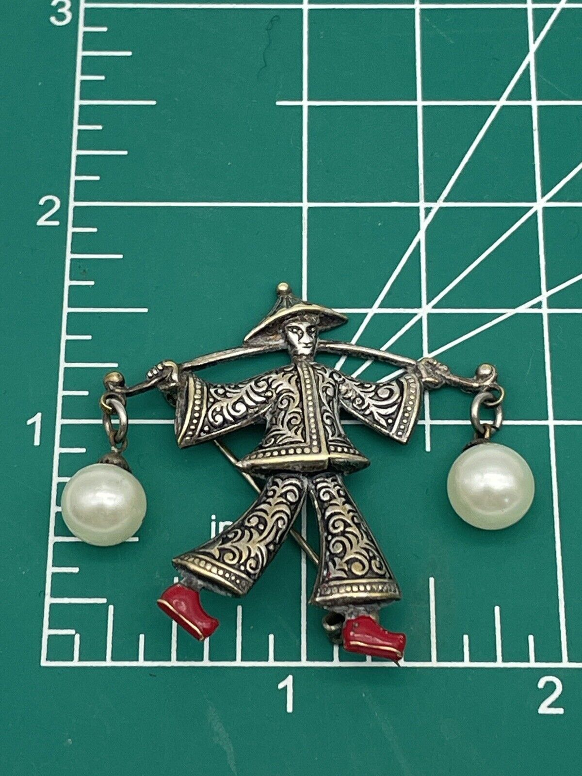 Vintage Damascene Asian Theme Brooch/Pin SIGNED Spain