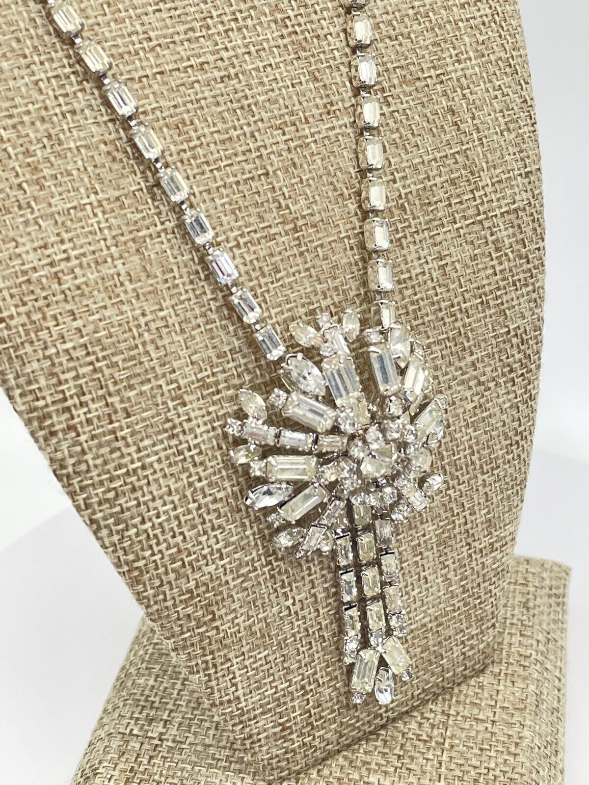 Art Deco Style Clear Rhinestone Necklace Ca. 15” L