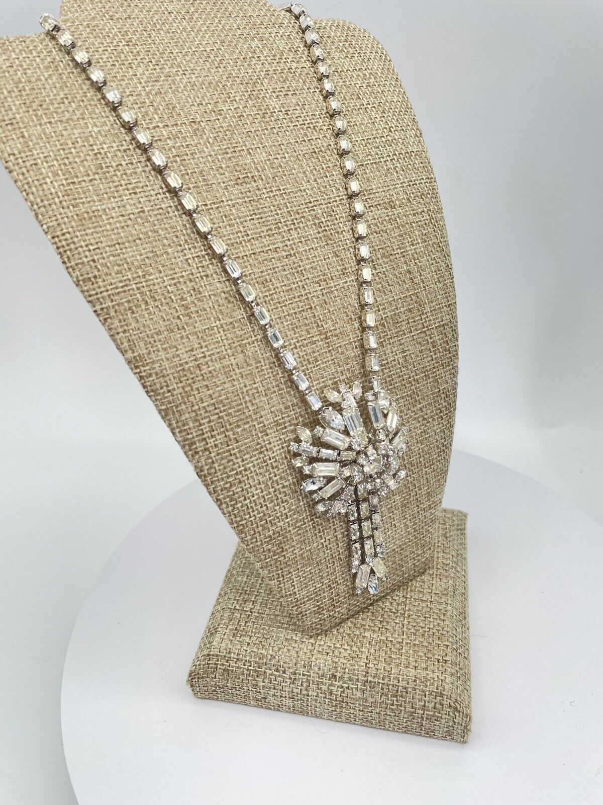 Art Deco Style Clear Rhinestone Necklace Ca. 15” L