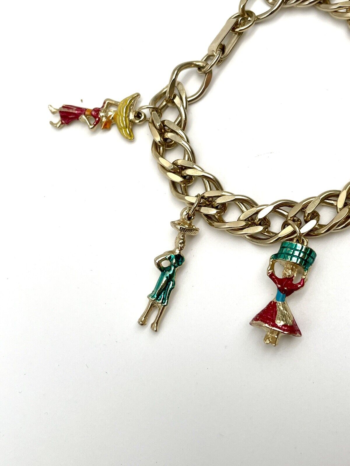 Rare Vintage Enamel South America Vacation Charm Bracelet Gold Tone 7.25”