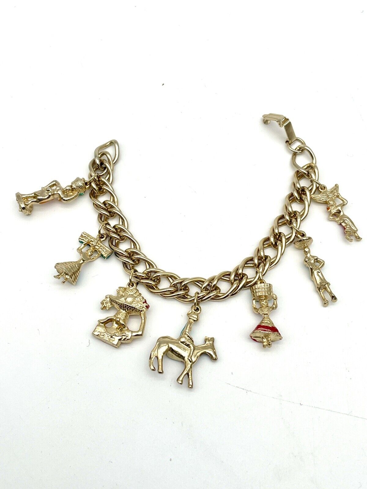Rare Vintage Enamel South America Vacation Charm Bracelet Gold Tone 7.25”