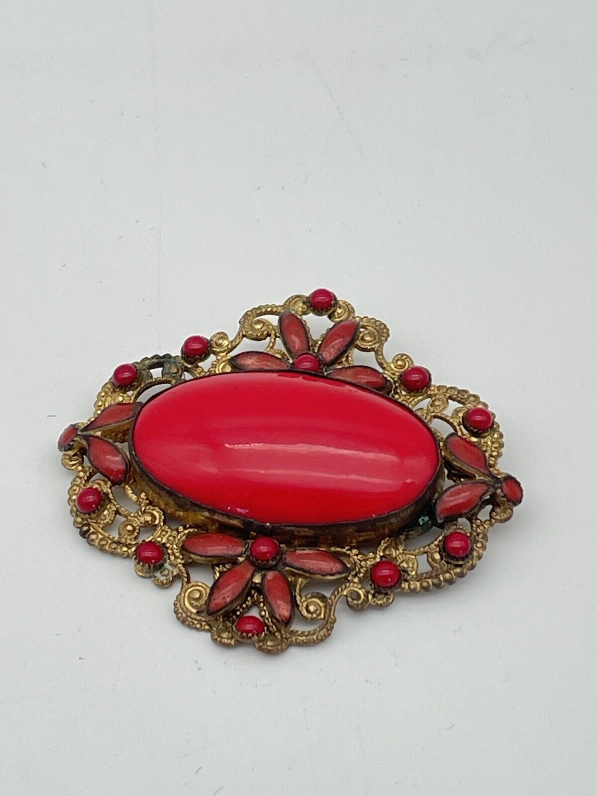 Vintage Red Glass Gold Filigree Czechoslovakia Brooch SIGNED