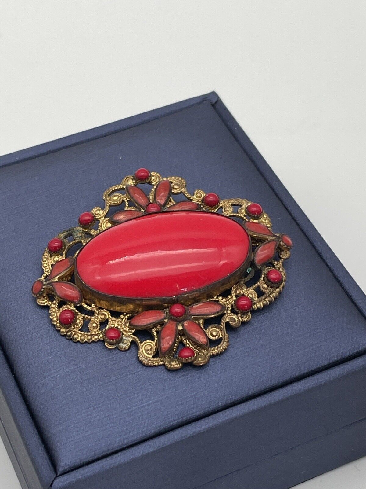 Vintage Red Glass Gold Filigree Czechoslovakia Brooch SIGNED