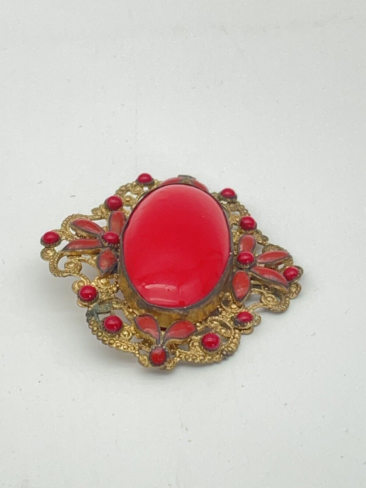 Vintage Red Glass Gold Filigree Czechoslovakia Brooch SIGNED