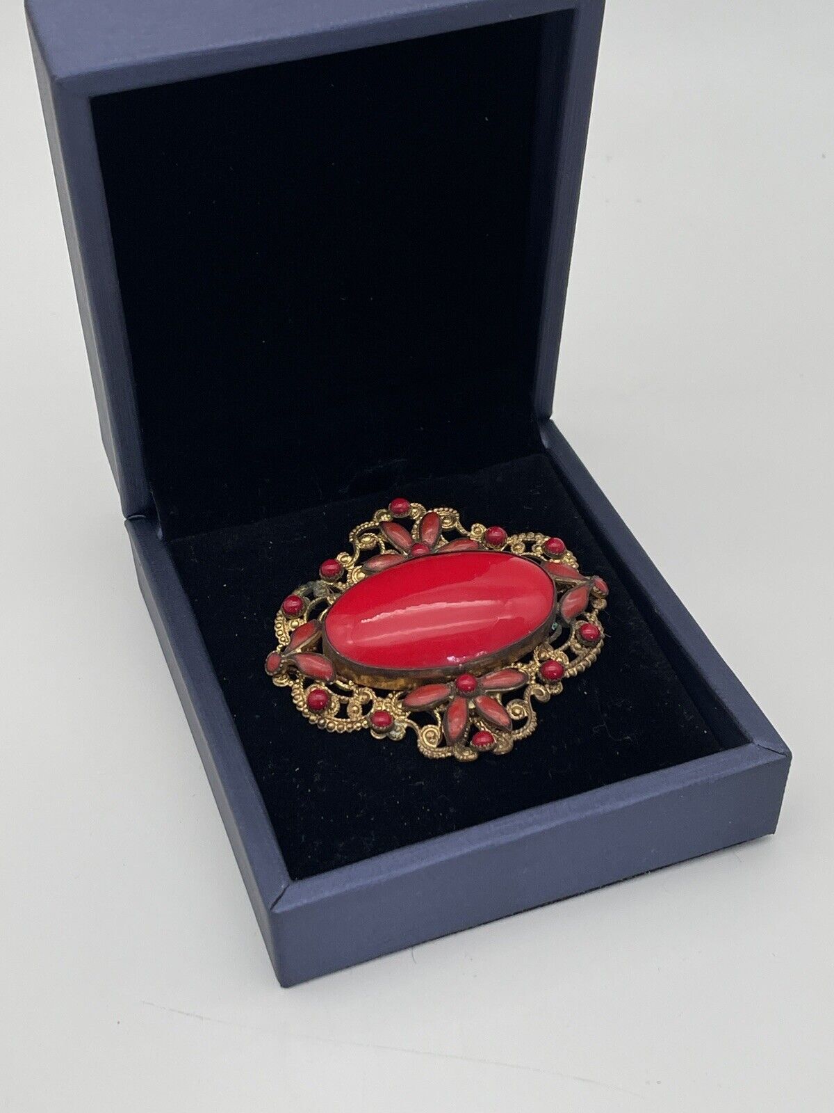 Vintage Red Glass Gold Filigree Czechoslovakia Brooch SIGNED