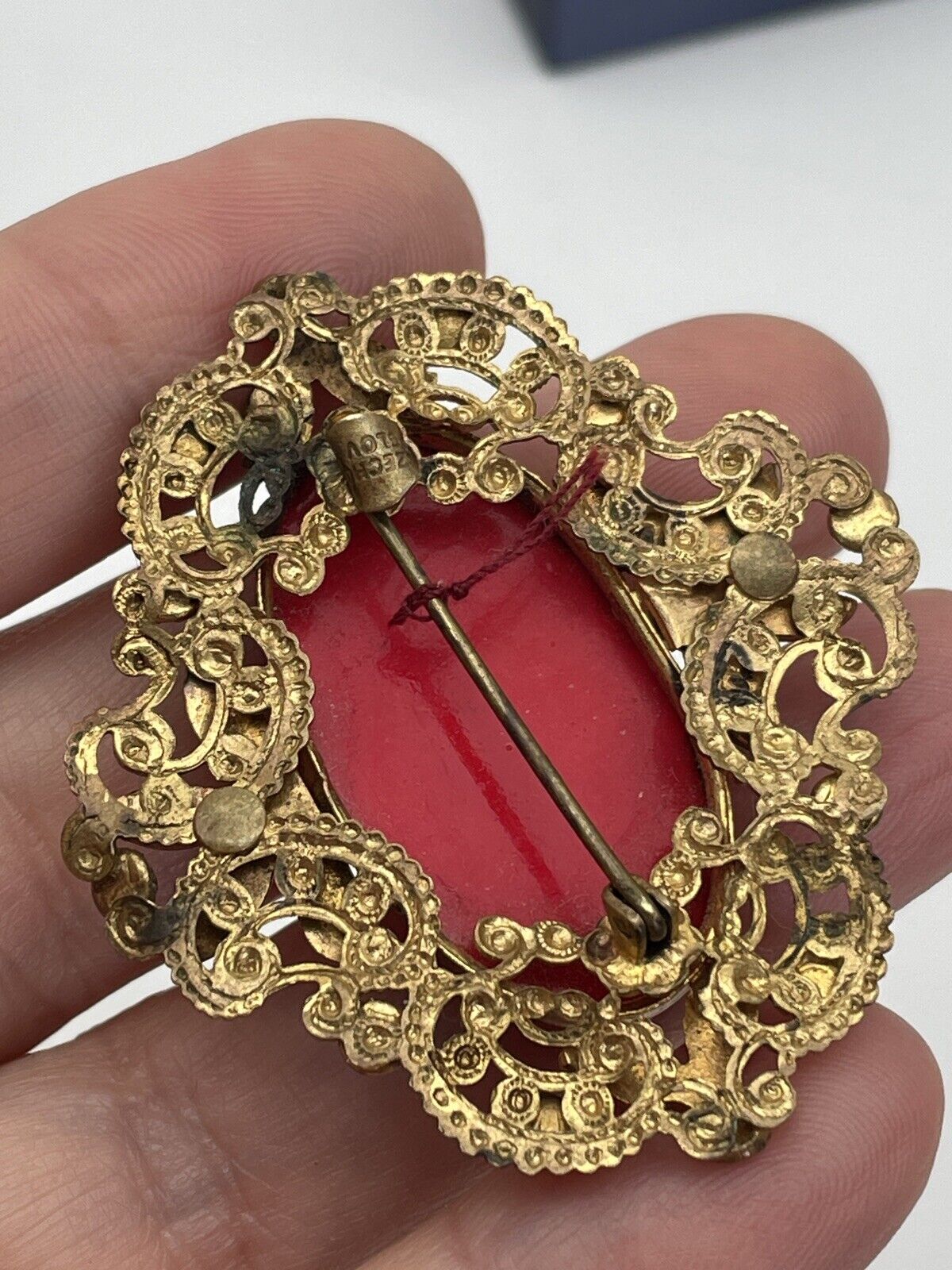 Vintage Red Glass Gold Filigree Czechoslovakia Brooch SIGNED