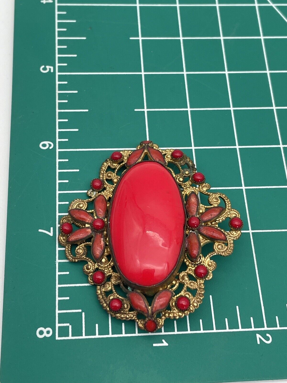 Vintage Red Glass Gold Filigree Czechoslovakia Brooch SIGNED