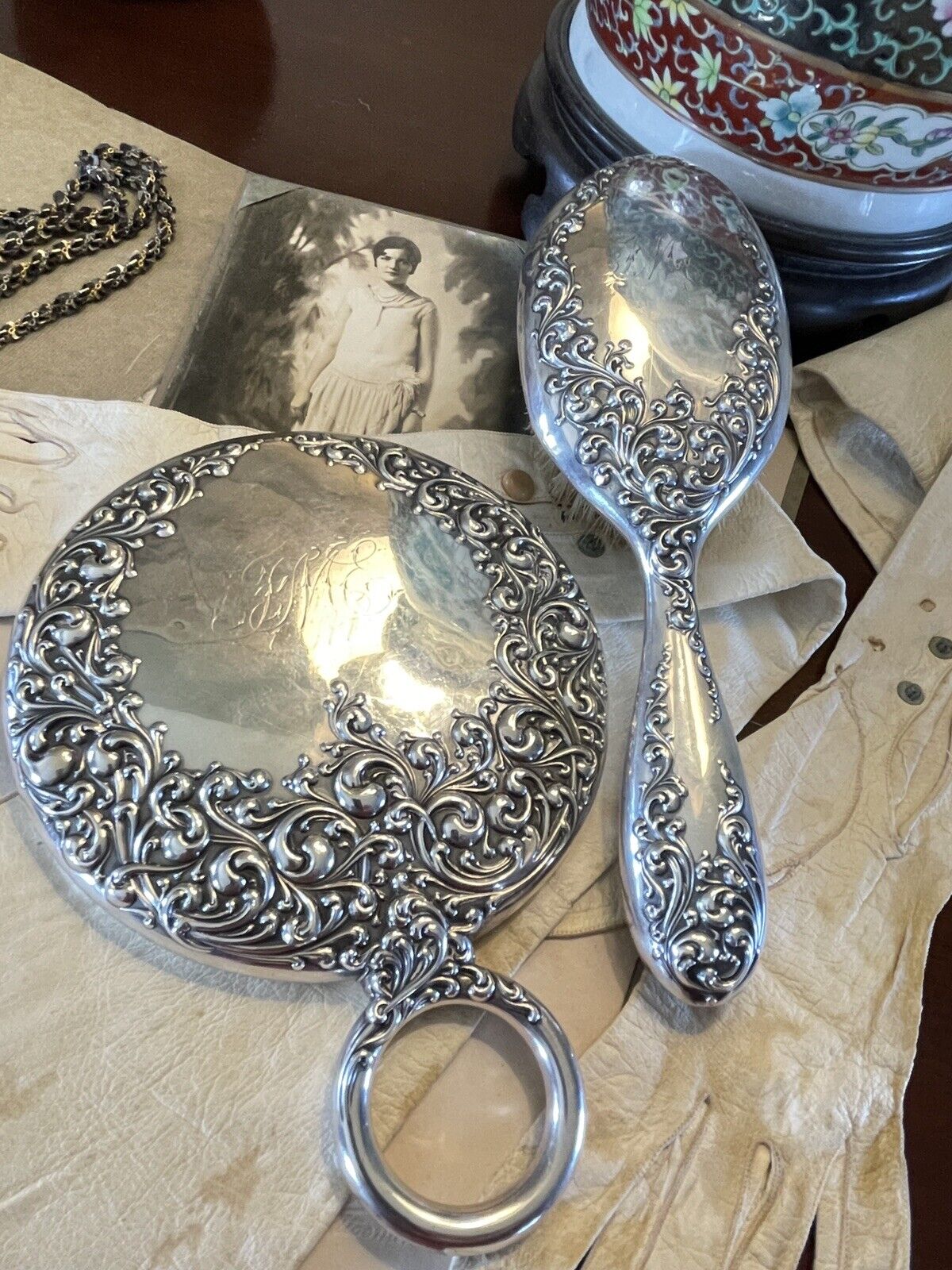 Antique Sterling Silver Scroll Mirror Wallace Matching Hair Brush Monogram