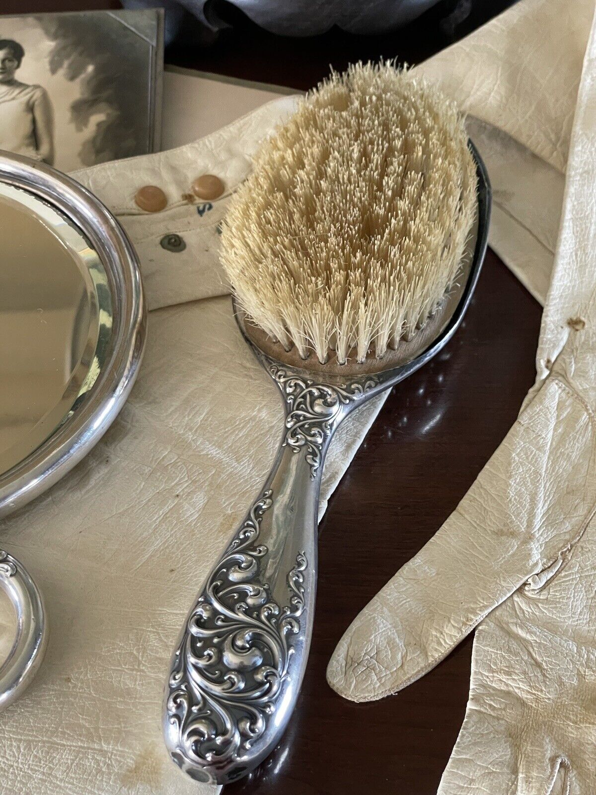 Antique Sterling Silver Scroll Mirror Wallace Matching Hair Brush Monogram
