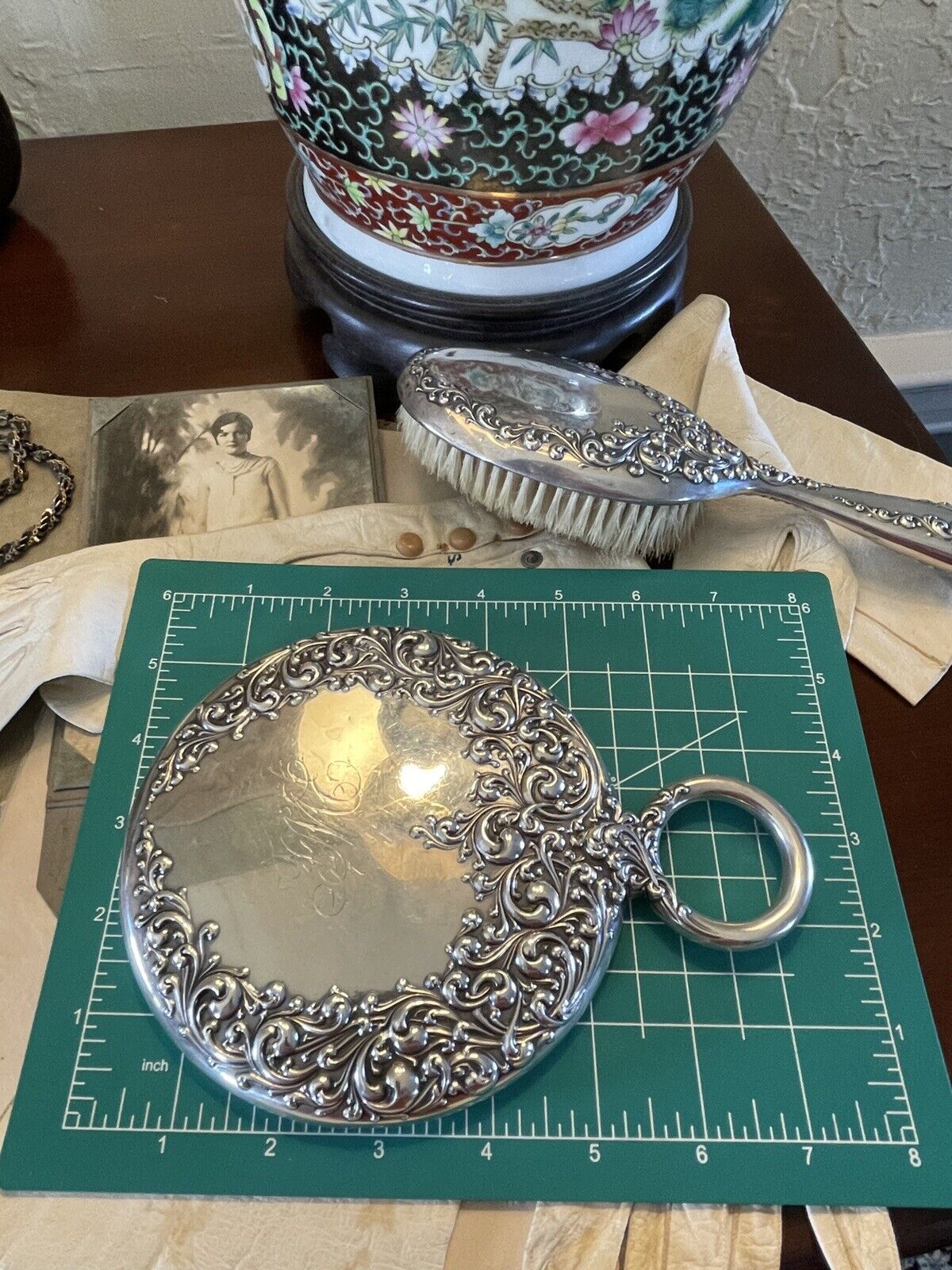 Antique Sterling Silver Scroll Mirror Wallace Matching Hair Brush Monogram
