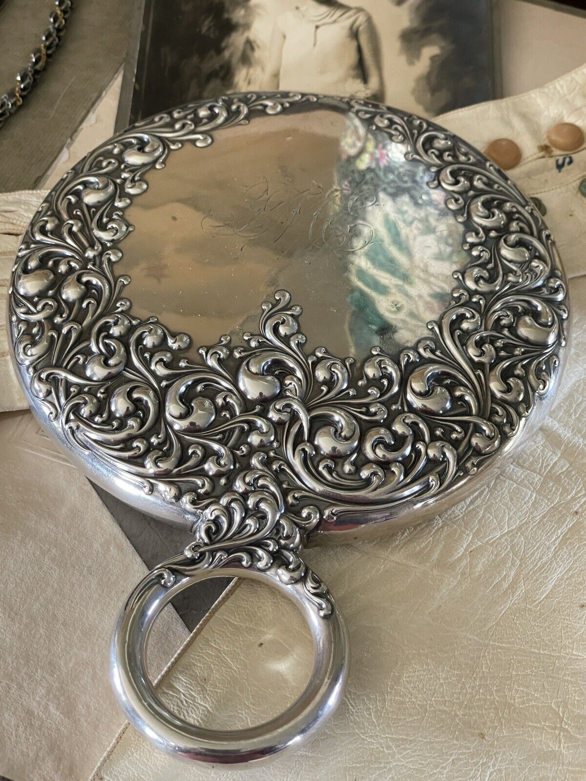 Antique Sterling Silver Scroll Mirror Wallace Matching Hair Brush Monogram
