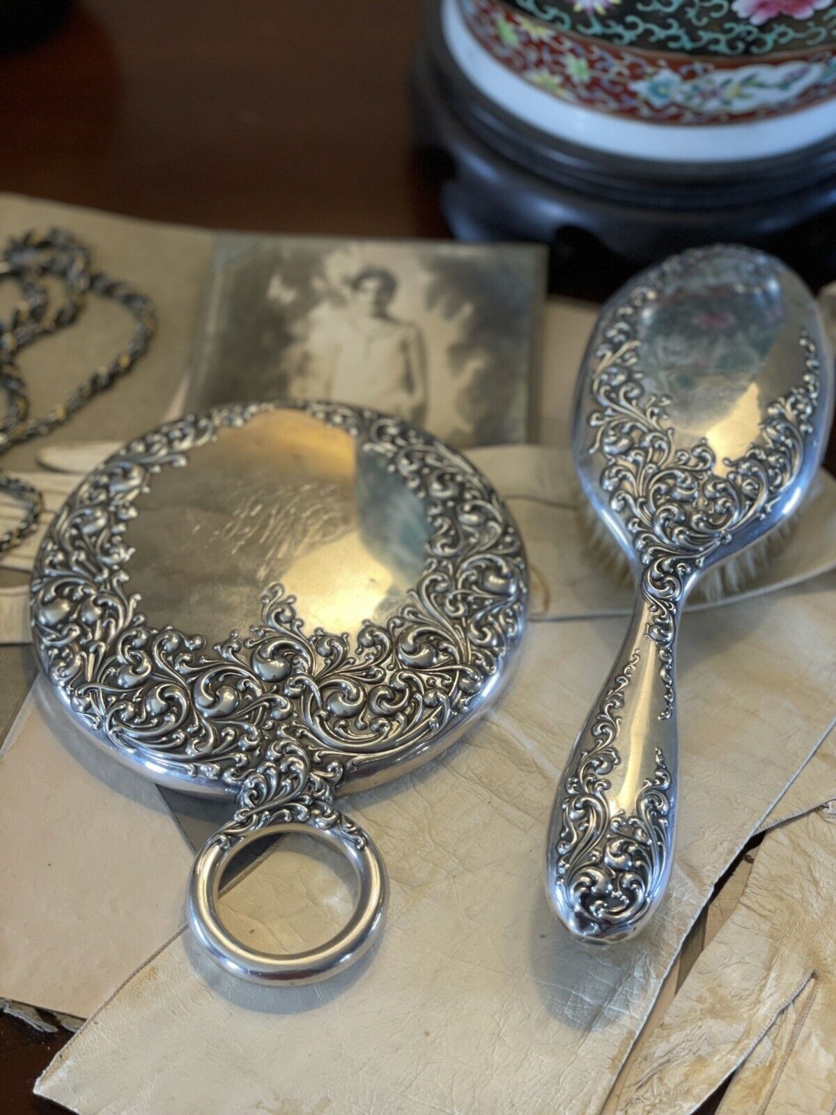 Antique Sterling Silver Scroll Mirror Wallace Matching Hair Brush Monogram