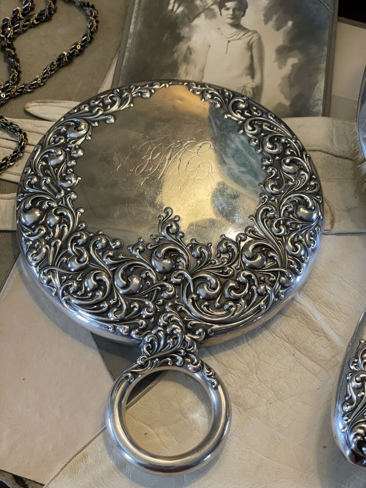Antique Sterling Silver Scroll Mirror Wallace Matching Hair Brush Monogram