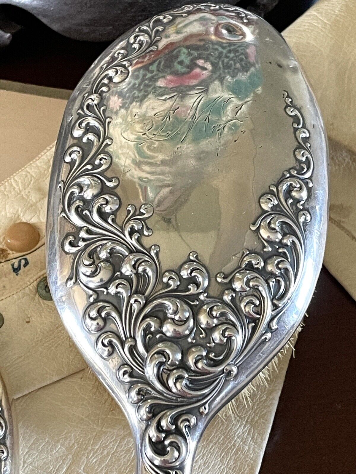 Antique Sterling Silver Scroll Mirror Wallace Matching Hair Brush Monogram