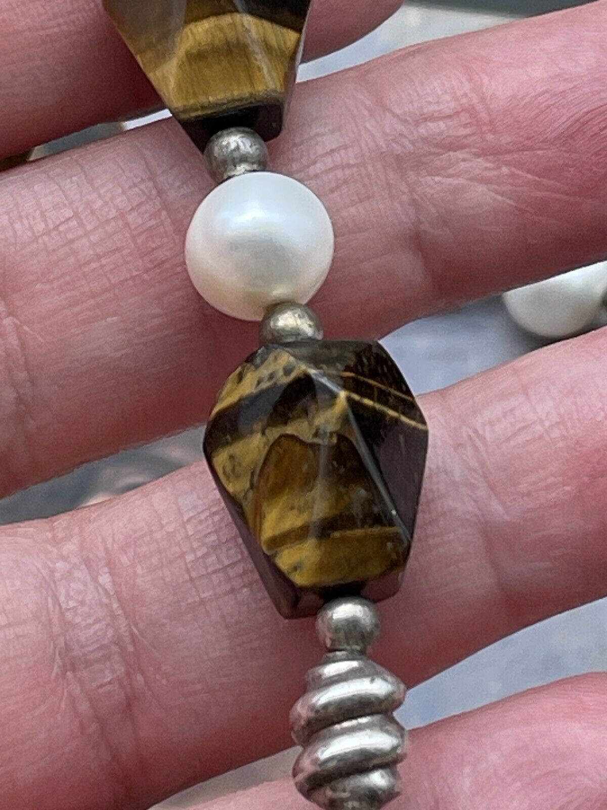 Vintage Tiger Eye 925 Sterling & Pearl Necklace With Earrings