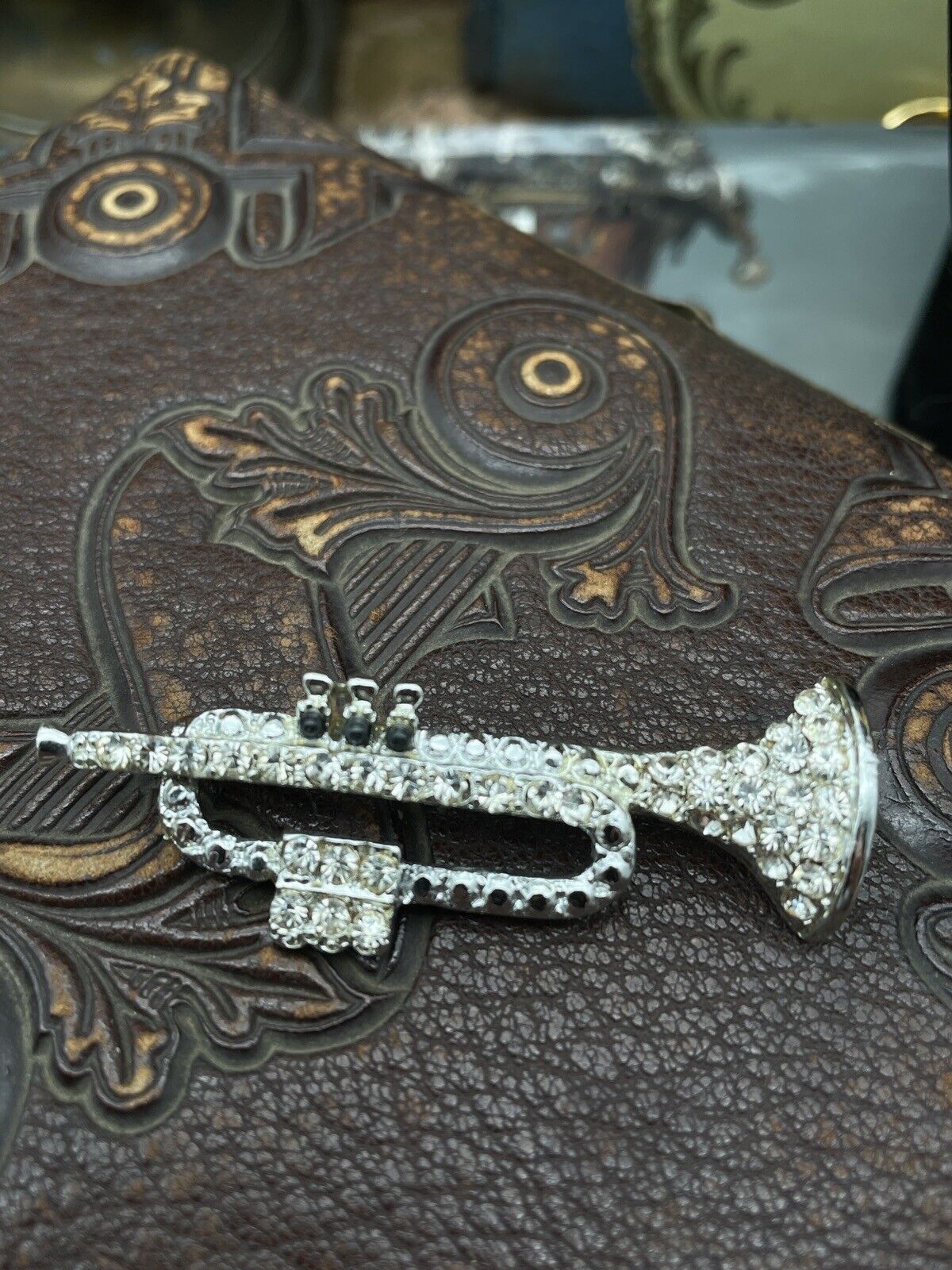 Trumpet Horn Brooch Pin Silver Tone Rhinestones Black