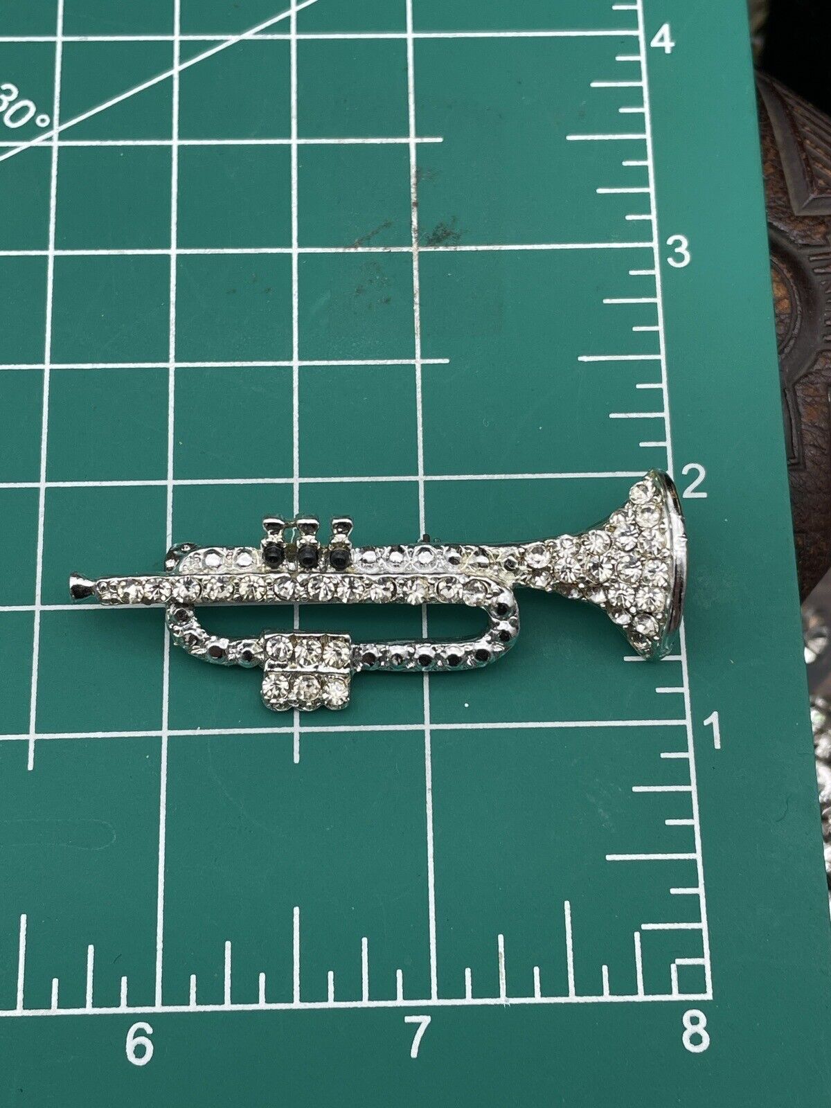 Trumpet Horn Brooch Pin Silver Tone Rhinestones Black