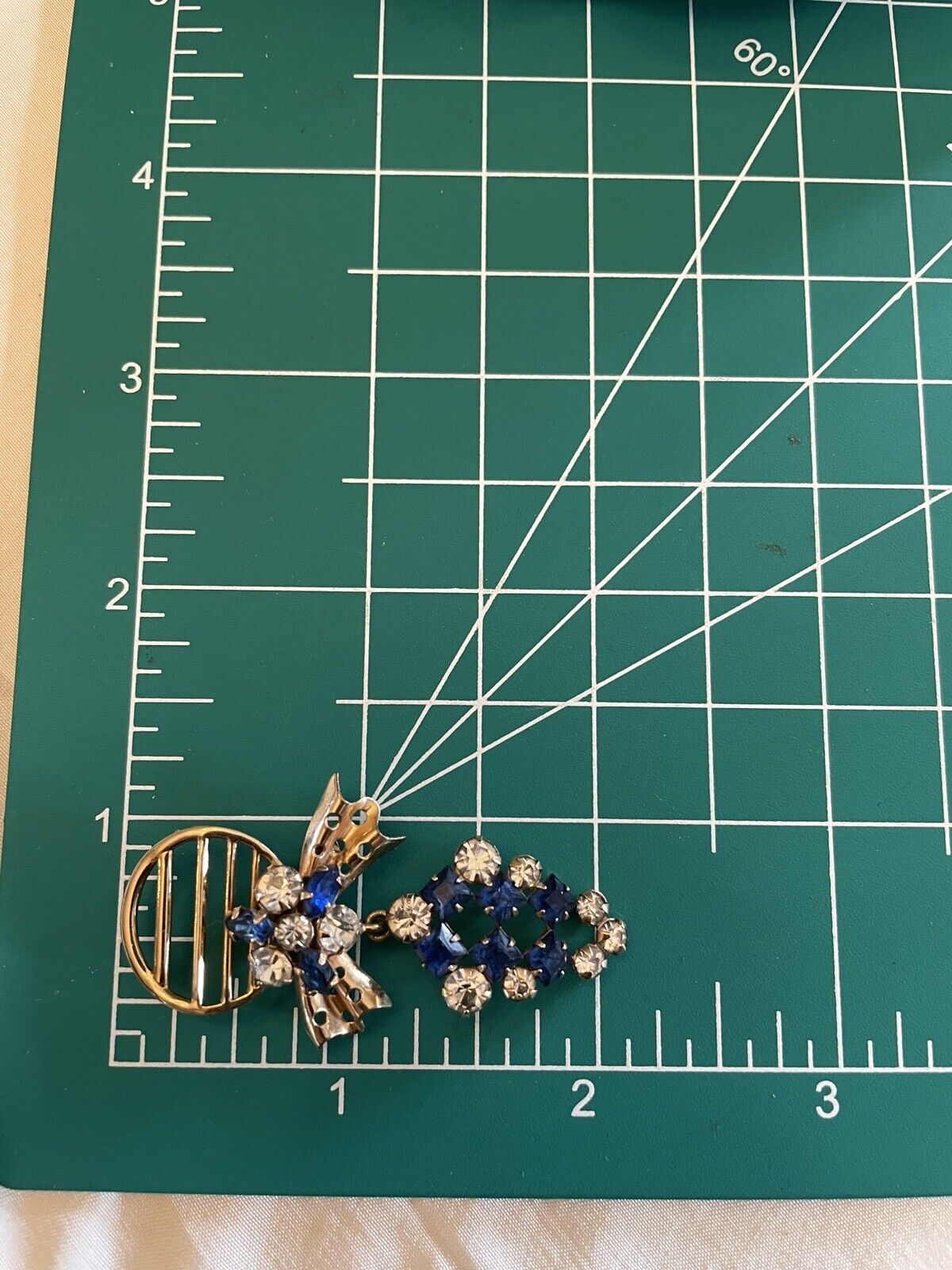 Blue & Clear Rhinestones Pendant Brooch 12kt GF Signed Phyllis Chain VINTAGE