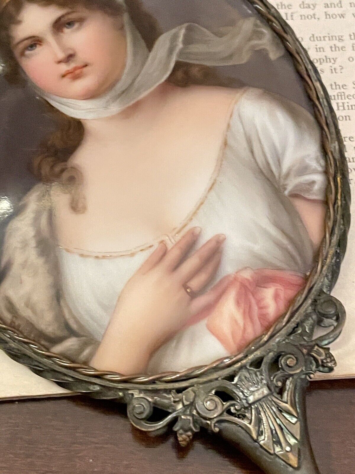 Antique Hand Painted Portrait Hand Held Mirror showing Queen Louise Of Prussia 10.5” Hand Painted
