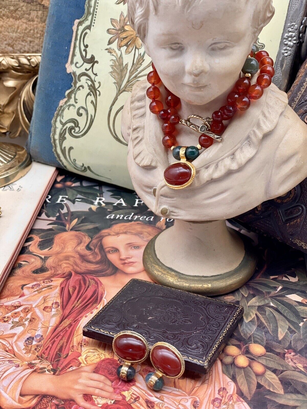 Vintage “Carnelian Jade” Style Gold Plated Necklace & Earrings By JADED SIGNED