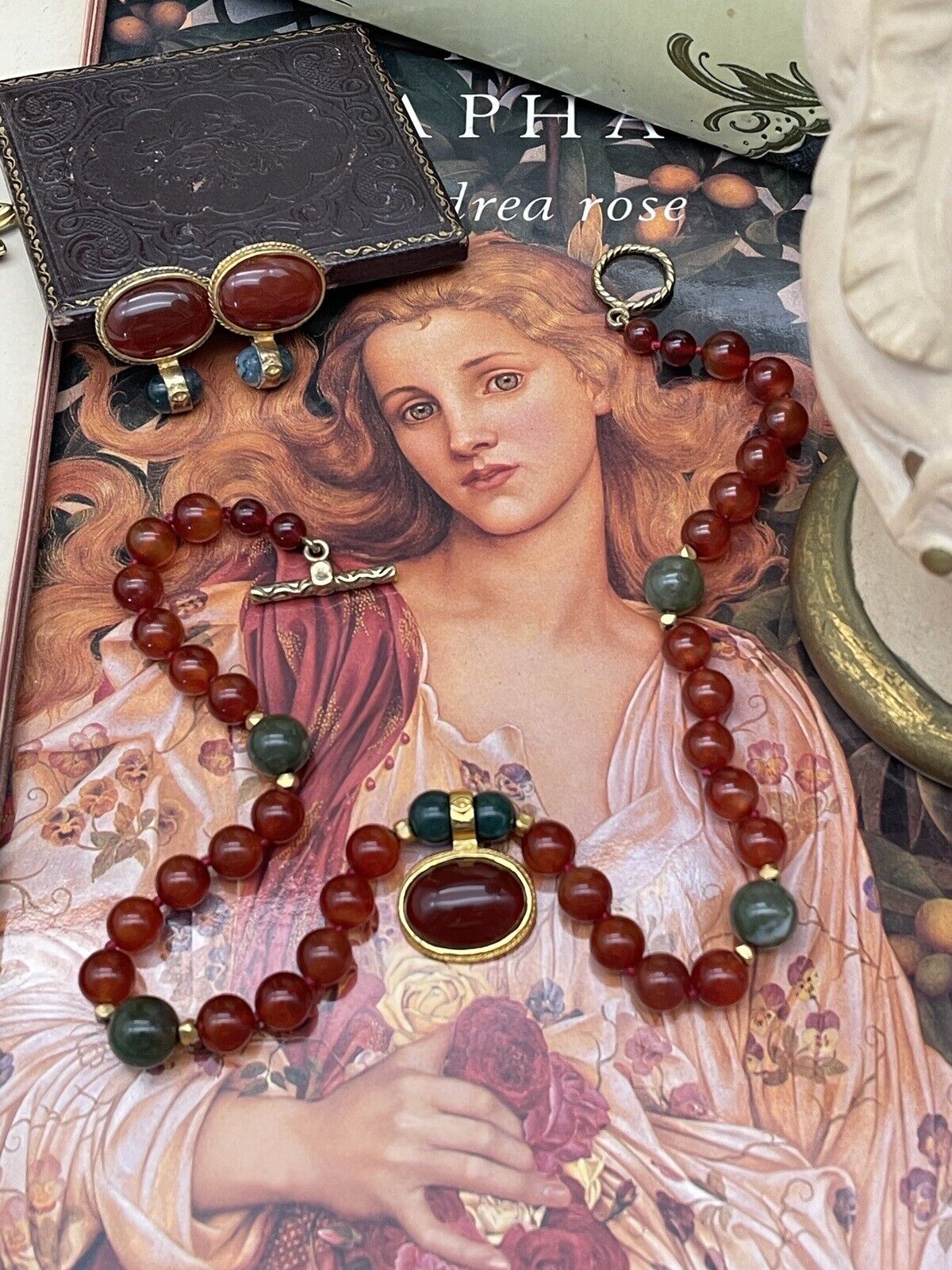 Vintage “Carnelian Jade” Style Gold Plated Necklace & Earrings By JADED SIGNED