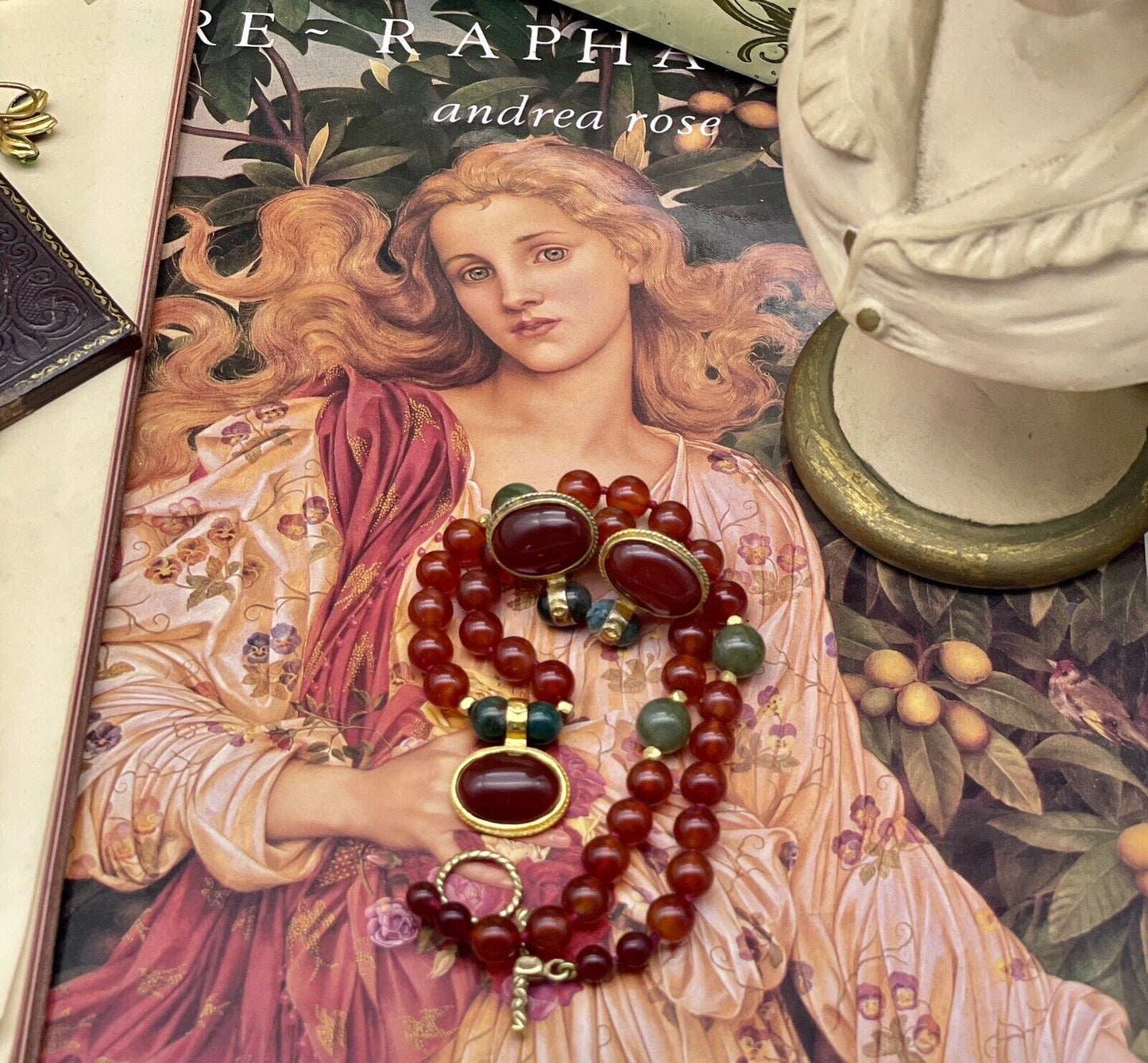 Vintage “Carnelian Jade” Style Gold Plated Necklace & Earrings By JADED SIGNED