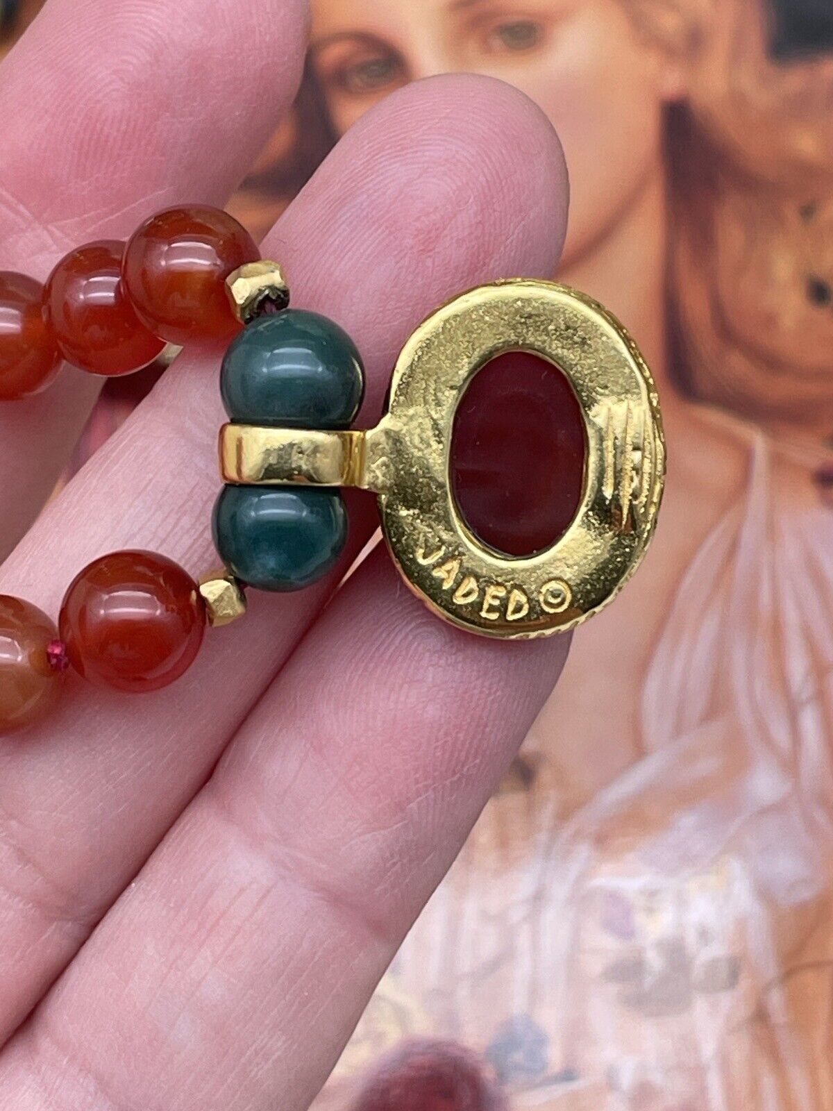 Vintage “Carnelian Jade” Style Gold Plated Necklace & Earrings By JADED SIGNED