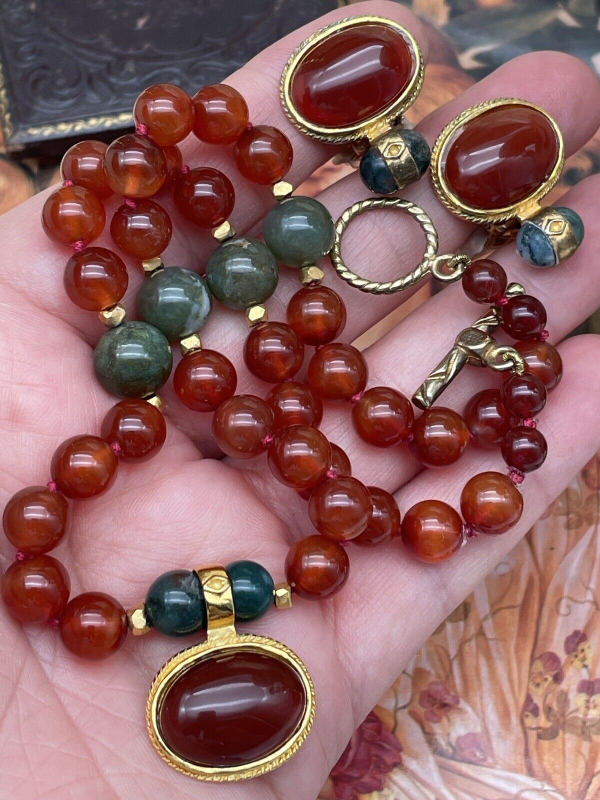 Vintage “Carnelian Jade” Style Gold Plated Necklace & Earrings By JADED SIGNED